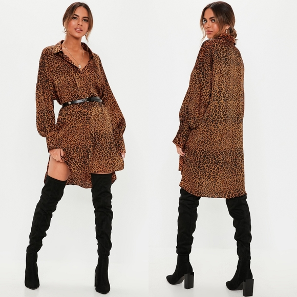 Missguided Tops - Leopard Print Drop Back Oversized Shirt Dress